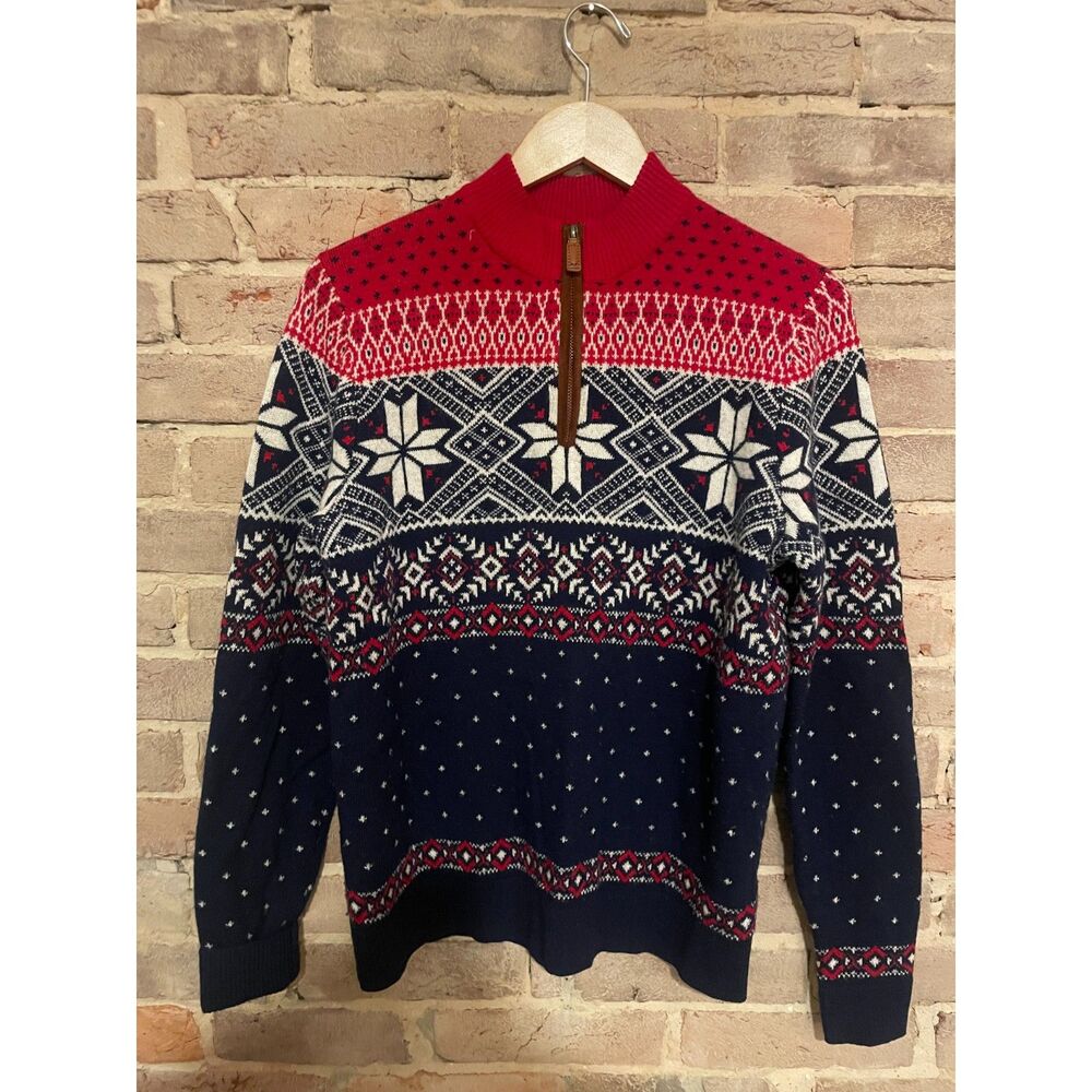 Vineyard Vines Wool Fair Isle Red Navy Snow 1/2 Zip - Boys XL - EUC MSRP $150
